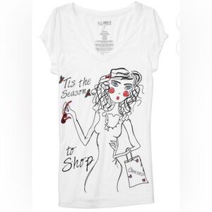 Miley Cyrus & Max Azria Y2K Juniors White Graphic 2XL Fitted Tee Festive Holiday
